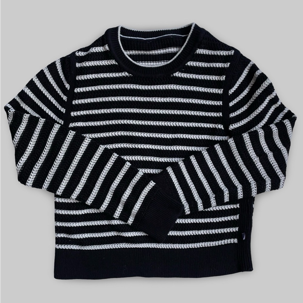 Black & Ecru Striped Textured Knit Sweater Classic Fit XS/Small